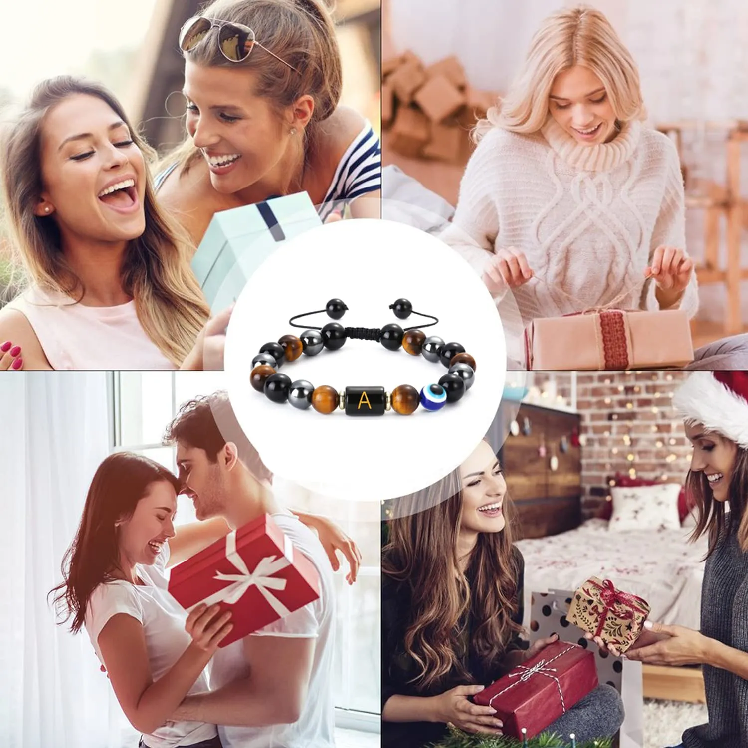 Initial Triple Protection Bracelet for Men,Black Evil Eye Tiger Eye Hematite Obsidian Good Luck Healing Crystal Stones Mens Bead Bracelet Jewelry Gift (X initial bracelet, Triple Protection)