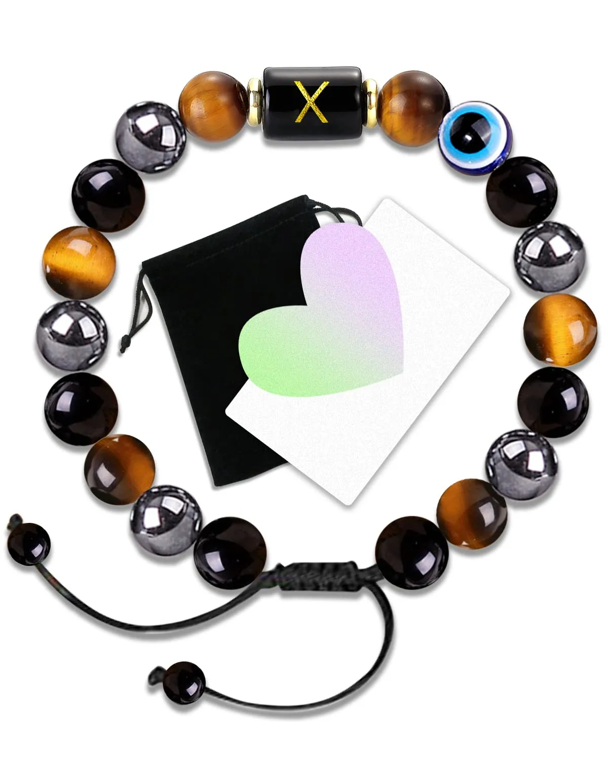 Initial Triple Protection Bracelet for Men,Black Evil Eye Tiger Eye Hematite Obsidian Good Luck Healing Crystal Stones Mens Bead Bracelet Jewelry Gift (X initial bracelet, Triple Protection)