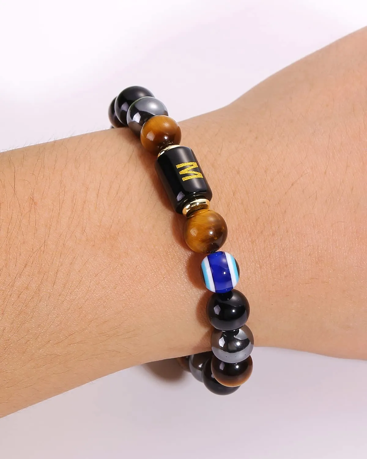 Initial Triple Protection Bracelet for Men,Black Evil Eye Tiger Eye Hematite Obsidian Good Luck Healing Crystal Stones Mens Bead Bracelet Jewelry Gift (X initial bracelet, Triple Protection)