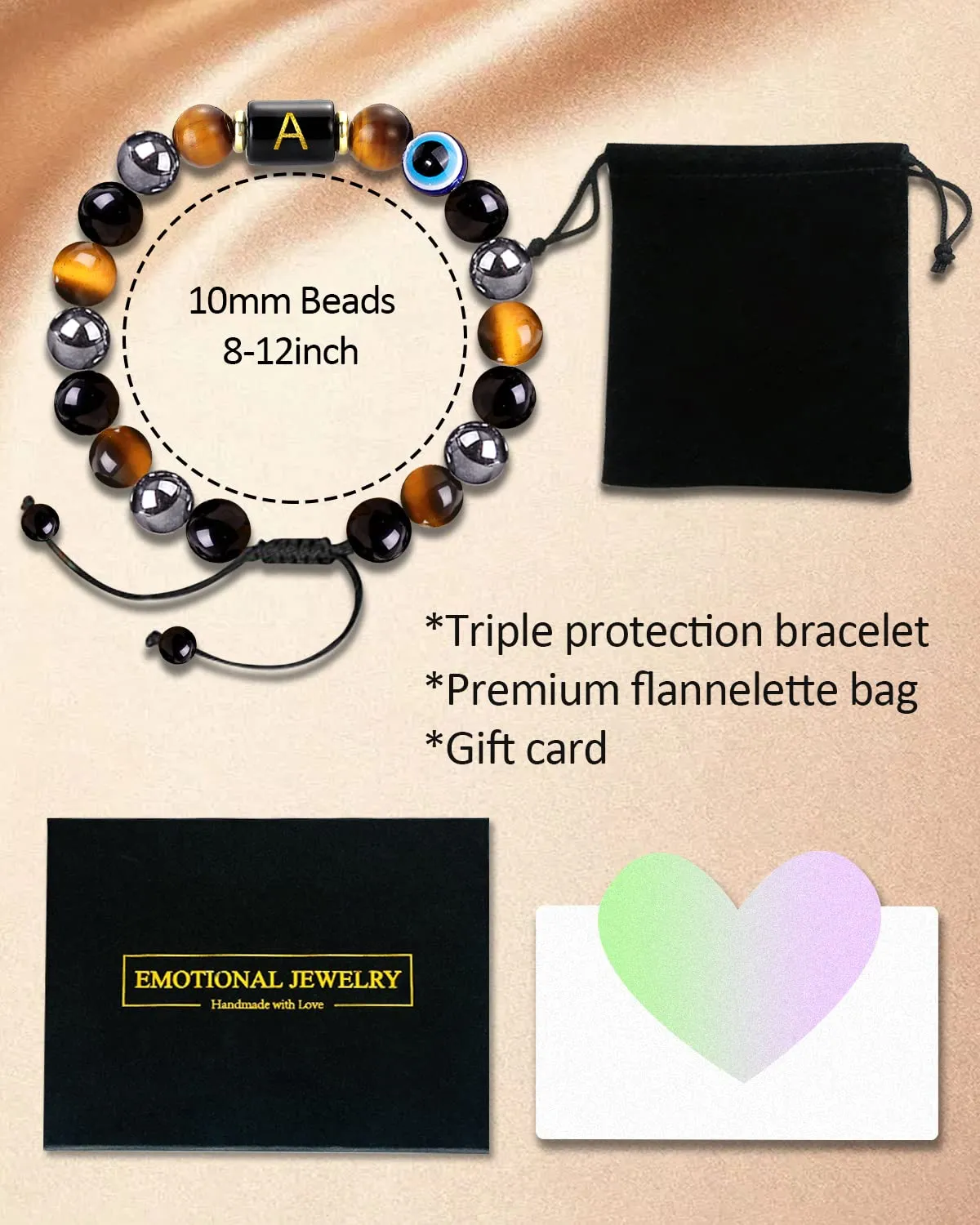 Initial Triple Protection Bracelet for Men,Black Evil Eye Tiger Eye Hematite Obsidian Good Luck Healing Crystal Stones Mens Bead Bracelet Jewelry Gift (X initial bracelet, Triple Protection)