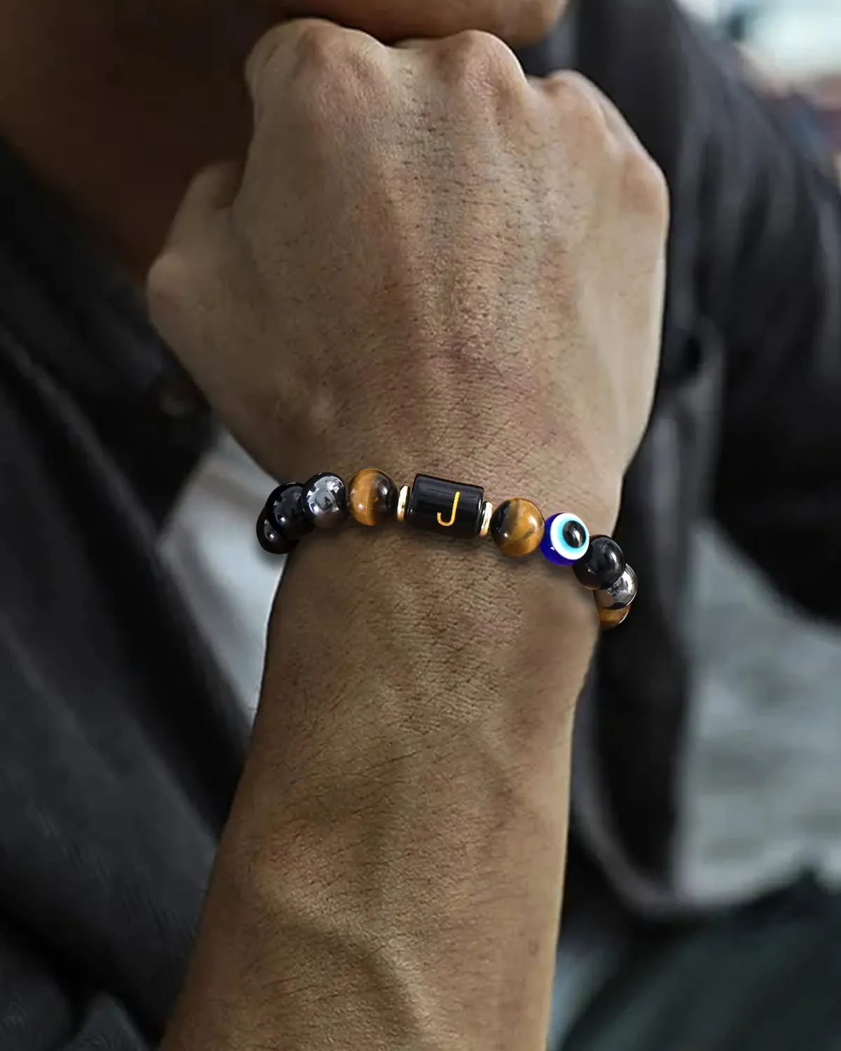 Initial Triple Protection Bracelet for Men,Black Evil Eye Tiger Eye Hematite Obsidian Good Luck Healing Crystal Stones Mens Bead Bracelet Jewelry Gift (X initial bracelet, Triple Protection)