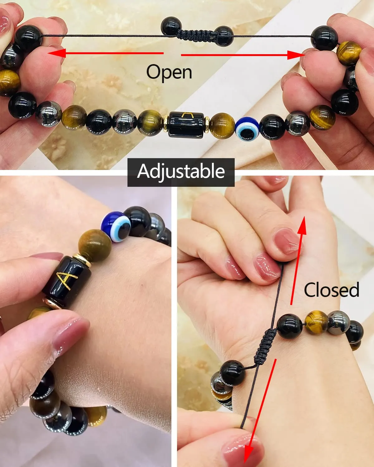 Initial Triple Protection Bracelet for Men,Black Evil Eye Tiger Eye Hematite Obsidian Good Luck Healing Crystal Stones Mens Bead Bracelet Jewelry Gift (X initial bracelet, Triple Protection)