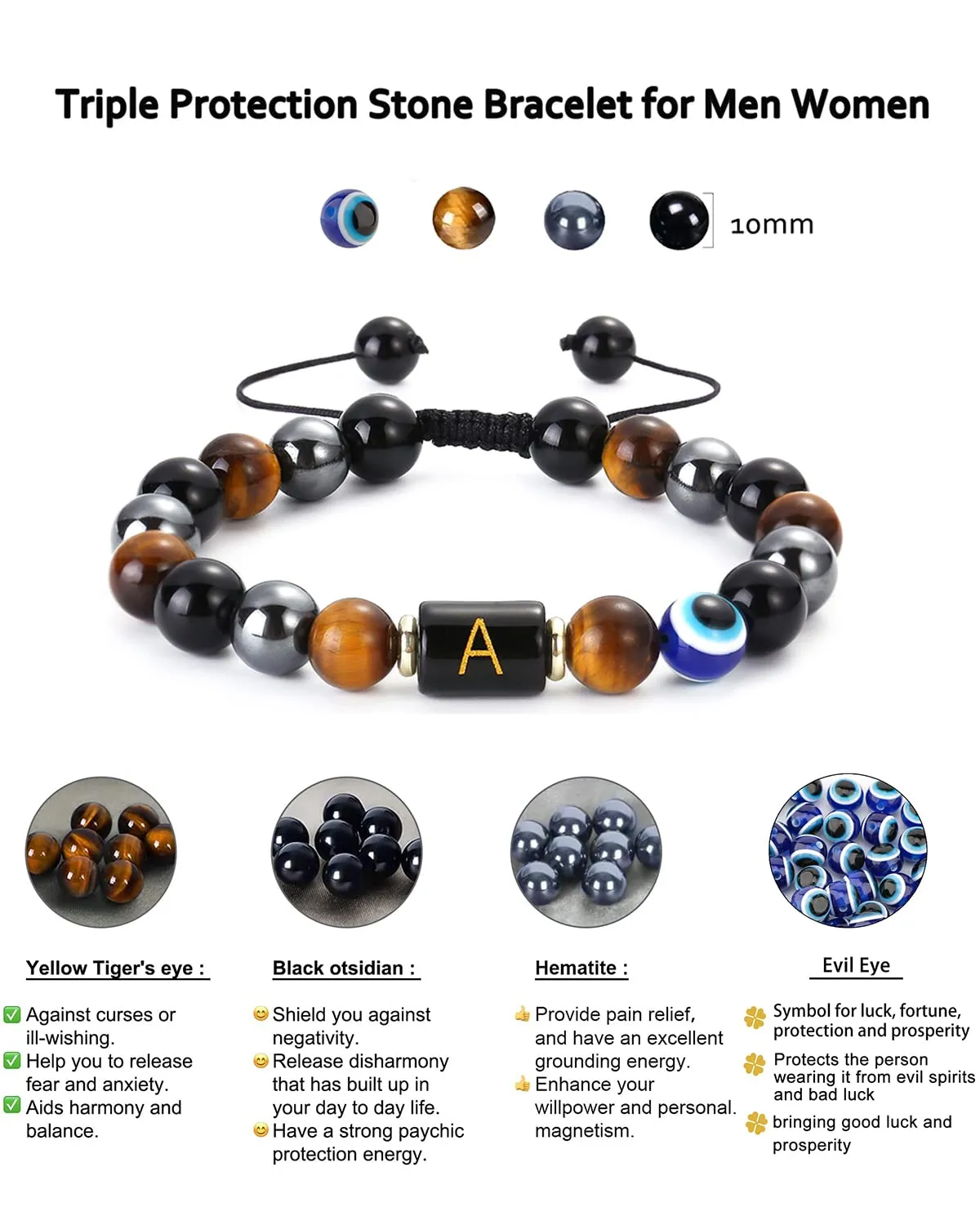 Initial Triple Protection Bracelet for Men,Black Evil Eye Tiger Eye Hematite Obsidian Good Luck Healing Crystal Stones Mens Bead Bracelet Jewelry Gift (X initial bracelet, Triple Protection)