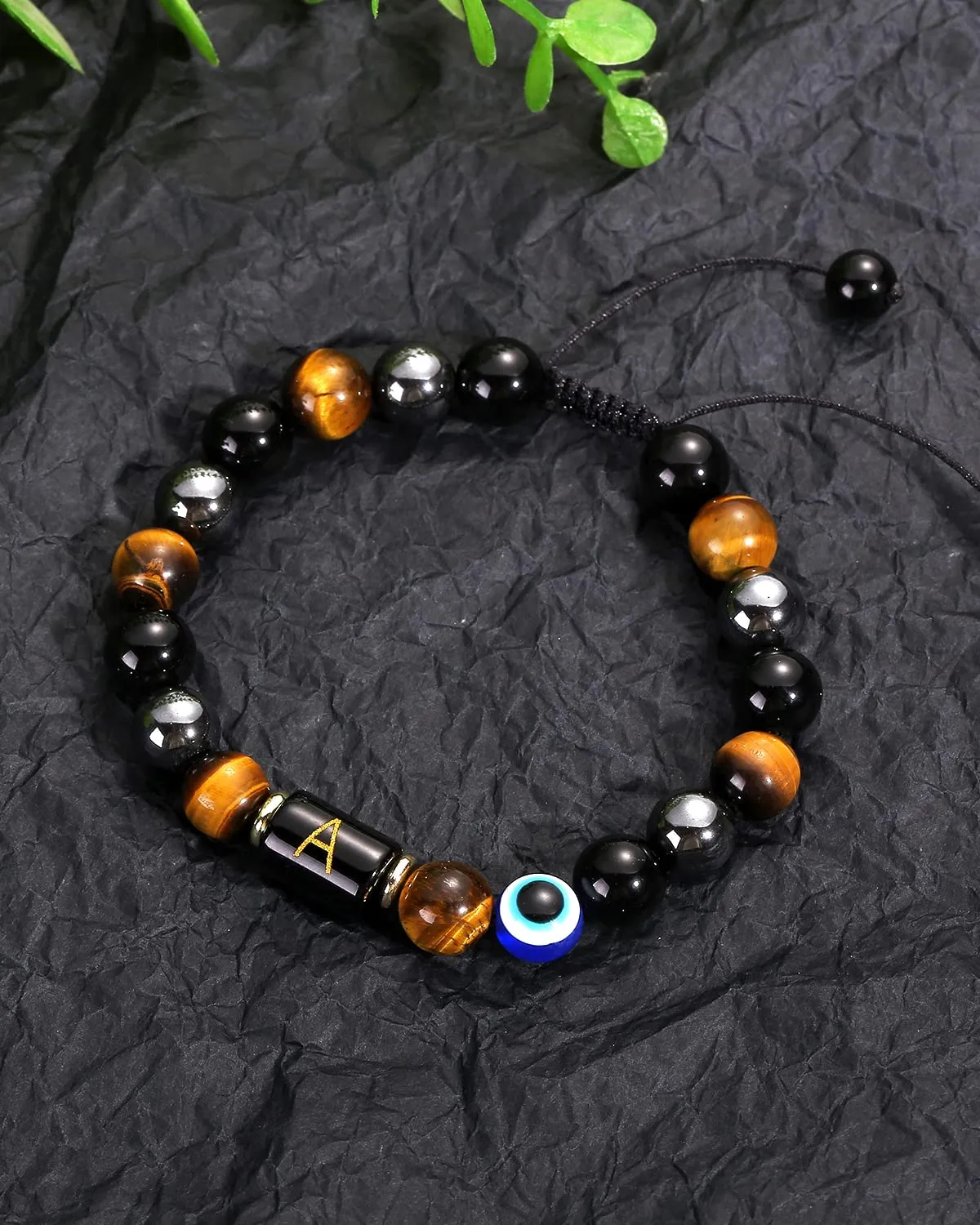 Initial Triple Protection Bracelet for Men,Black Evil Eye Tiger Eye Hematite Obsidian Good Luck Healing Crystal Stones Mens Bead Bracelet Jewelry Gift (X initial bracelet, Triple Protection)