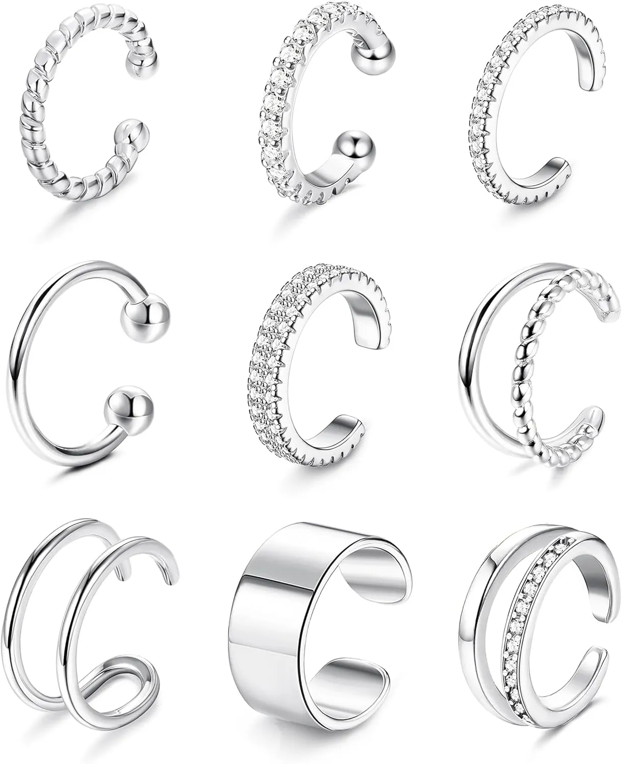 IRONBOX 9Pcs Ear Cuff Earrings for Women 14K Silver/Gold Ear Cuff Non Piercing Cartilage Clip Cuff Earrings Fake Earrings