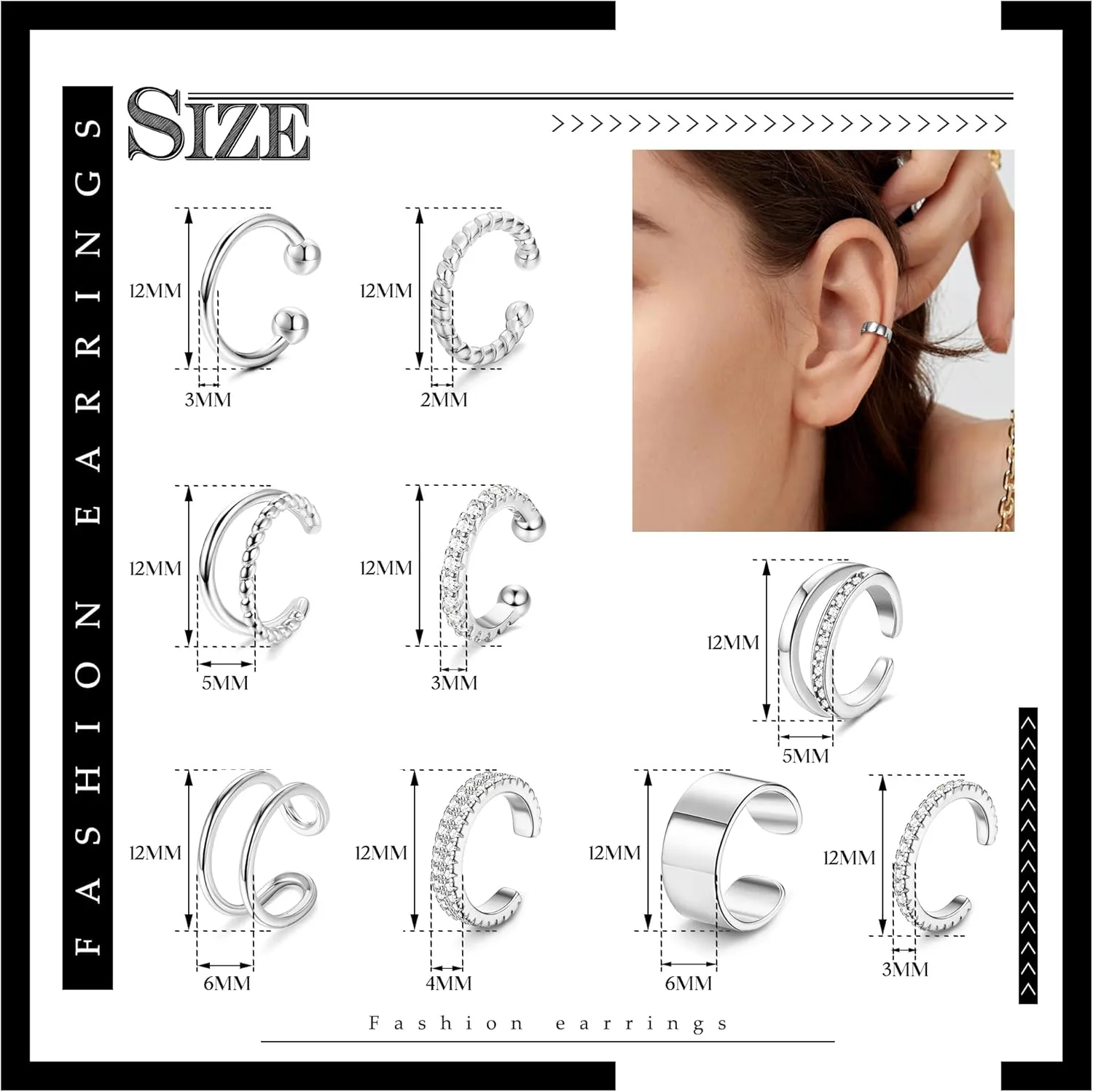 IRONBOX 9Pcs Ear Cuff Earrings for Women 14K Silver/Gold Ear Cuff Non Piercing Cartilage Clip Cuff Earrings Fake Earrings