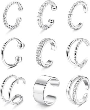 IRONBOX 9Pcs Ear Cuff Earrings for Women 14K Silver/Gold Ear Cuff Non Piercing Cartilage Clip Cuff Earrings Fake Earrings