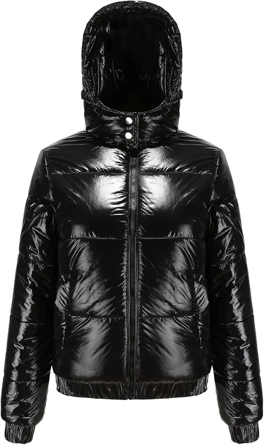 JEsilunmaMY Women's Shiny Short Winter Down Jacket Fashion Hooded Cropped Puffer Jacket Warm Thicken Padded Coats with Pocket