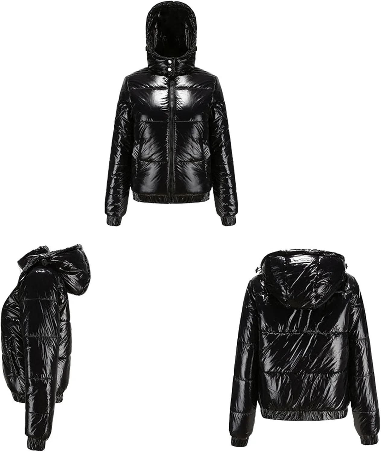 JEsilunmaMY Women's Shiny Short Winter Down Jacket Fashion Hooded Cropped Puffer Jacket Warm Thicken Padded Coats with Pocket