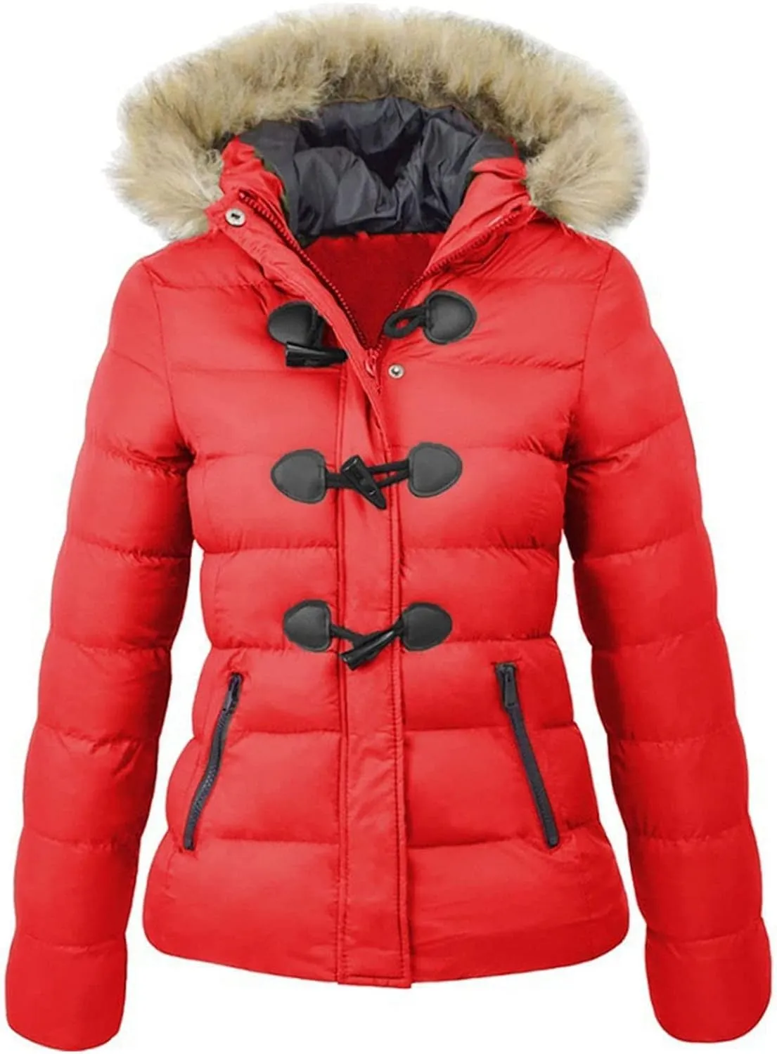 JEsilunmaMY Womens Winter Horn Button Parka Coat Slim Warm Thicken Puffer Jacket with Fur Hood Windproof Short Down Jacket