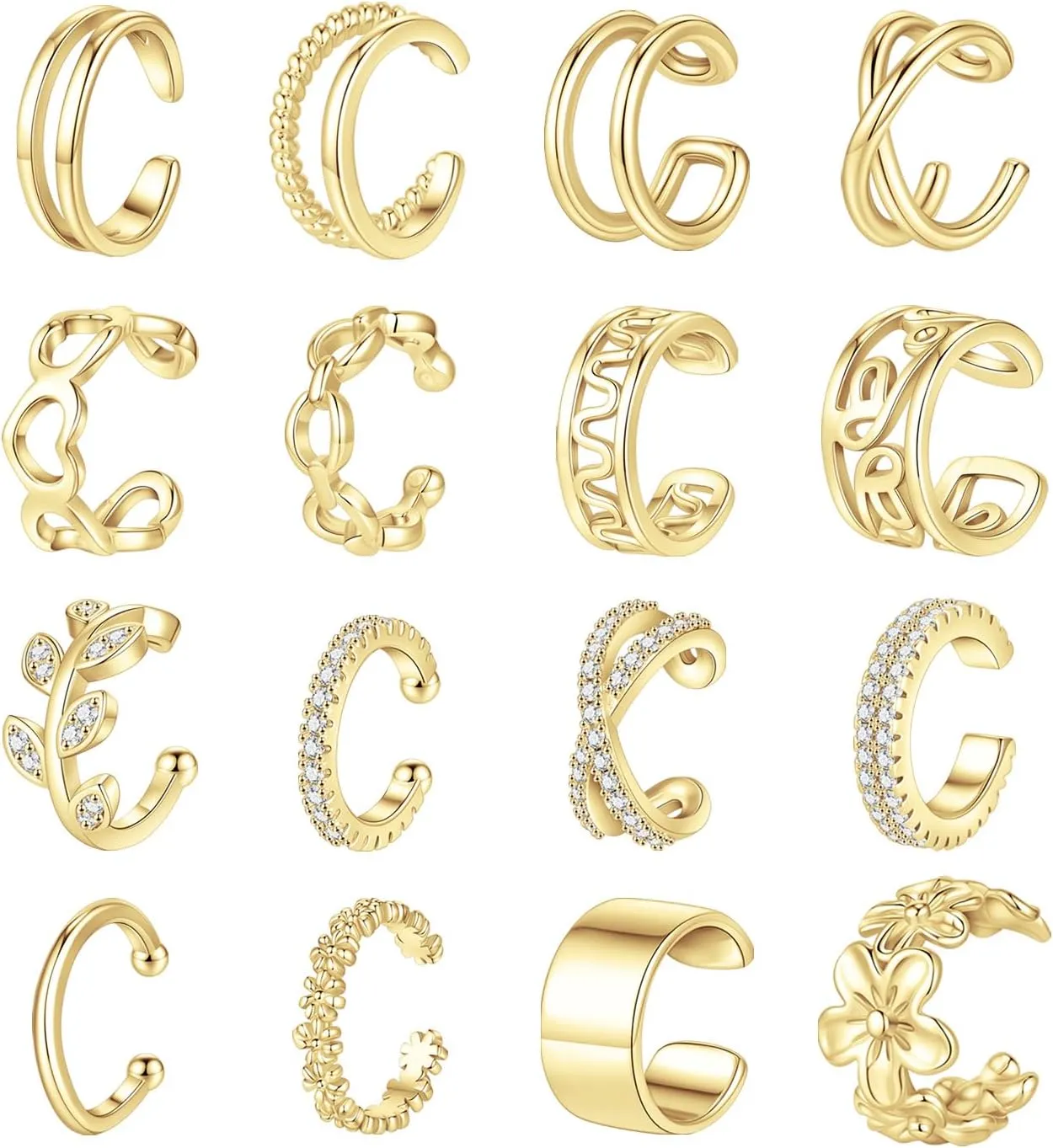 Jewdreamer 16Pcs Ear Cuffs for Women Non Piercing 14K Gold Silver Ear Cuffs Earrings Non Pierced Clips On Cartilage Earring Fake Earrings Lightweight