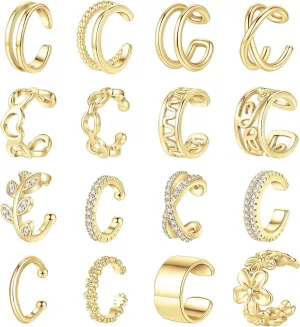 Jewdreamer 16Pcs Ear Cuffs for Women Non Piercing 14K Gold Silver Ear Cuffs Earrings Non Pierced Clips On Cartilage Earring Fake Earrings Lightweight