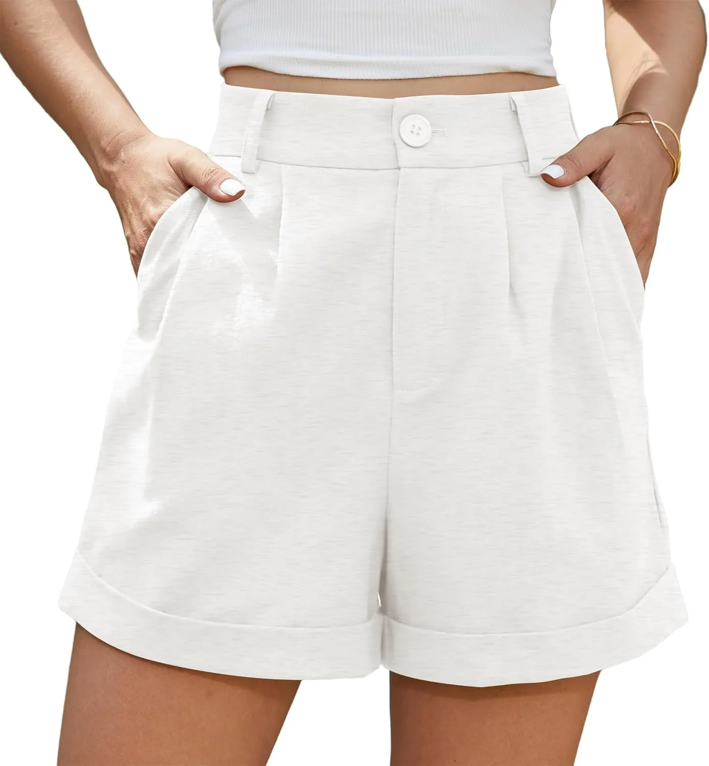 Jouica Womens Summer High Waist Linen Shorts Roll Up Pleated Zippered Wrap Hem Wide Leg Shorts with Pockets