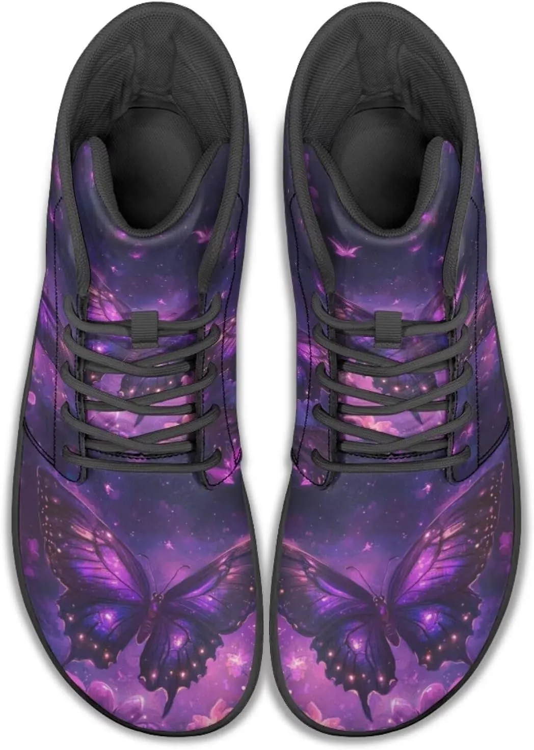 JoyLamoria Bling Bling Butterfly Print High Top Sneakers Lace up Leather Shoes Fashion High Top Flats Barefoot Wide Shoes Y2K for Girls