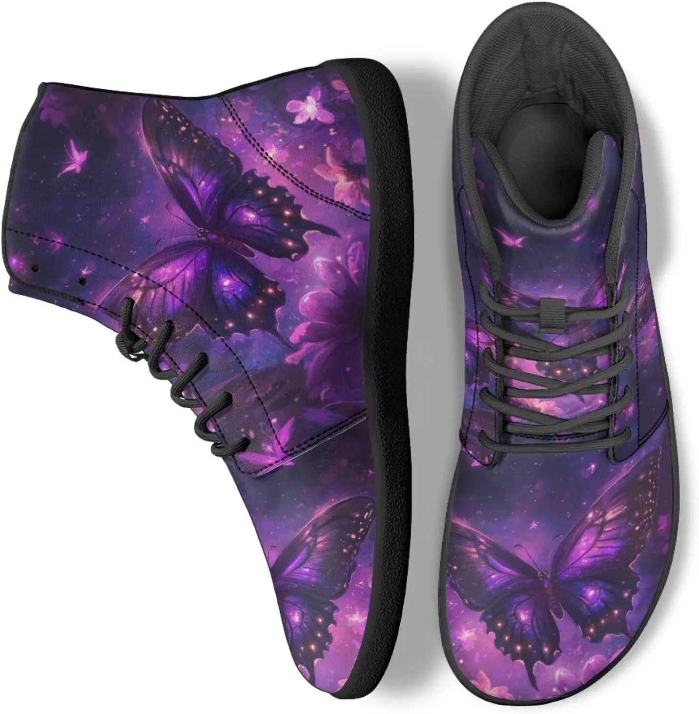 JoyLamoria Bling Bling Butterfly Print High Top Sneakers Lace up Leather Shoes Fashion High Top Flats Barefoot Wide Shoes Y2K for Girls