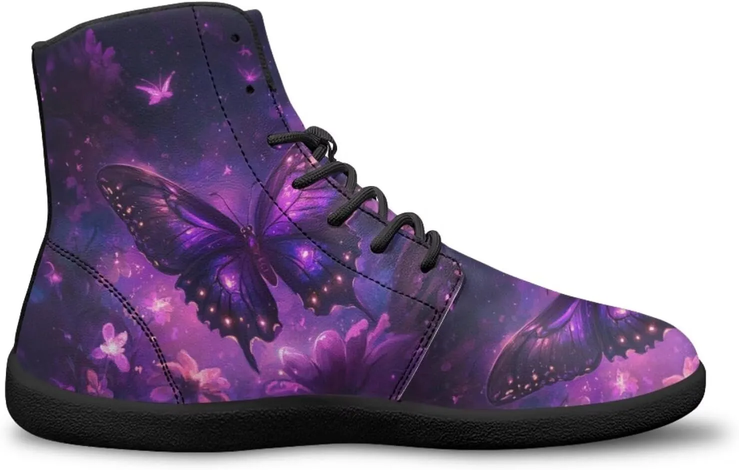 JoyLamoria Bling Bling Butterfly Print High Top Sneakers Lace up Leather Shoes Fashion High Top Flats Barefoot Wide Shoes Y2K for Girls
