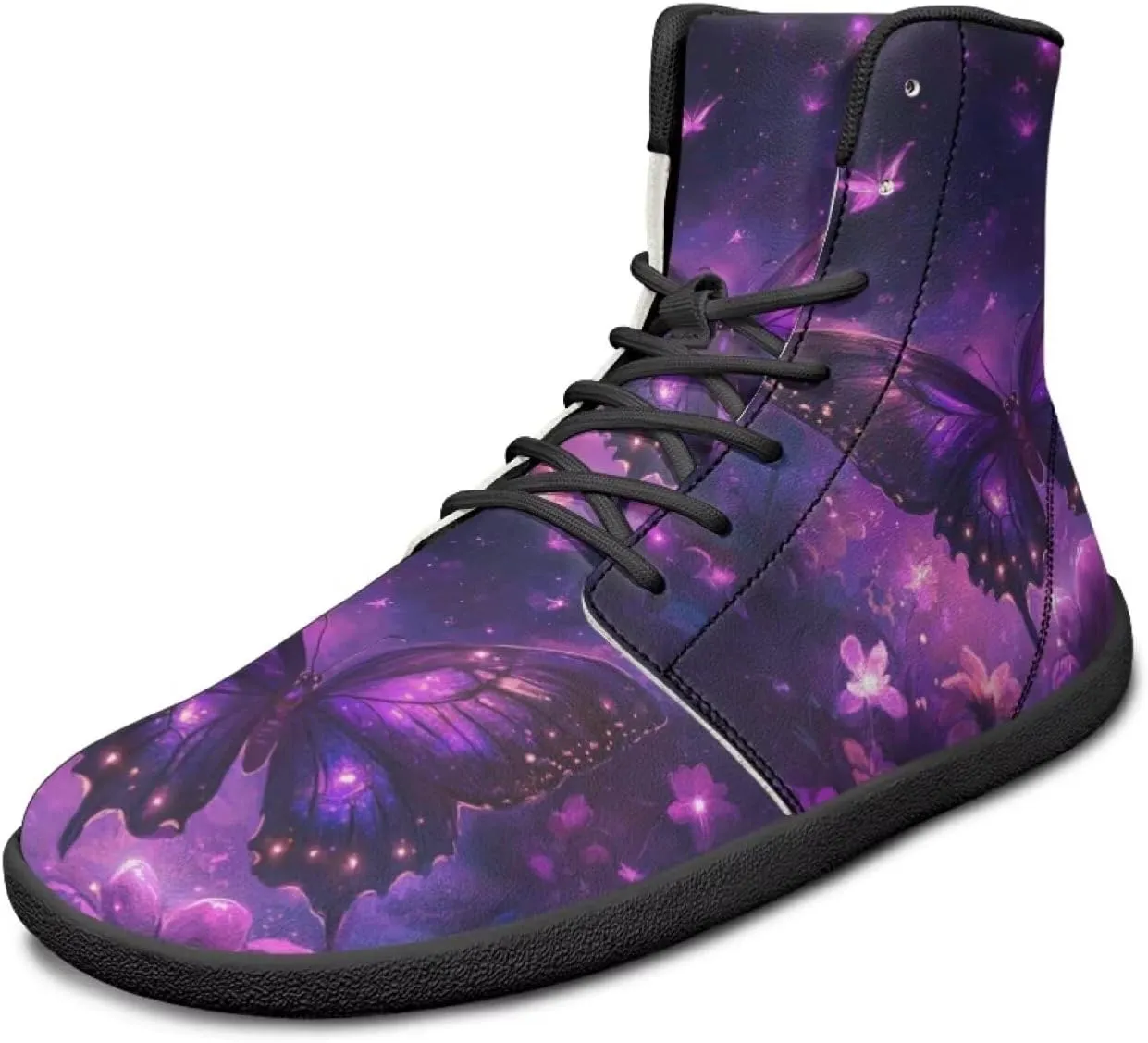 JoyLamoria Bling Bling Butterfly Print High Top Sneakers Lace up Leather Shoes Fashion High Top Flats Barefoot Wide Shoes Y2K for Girls