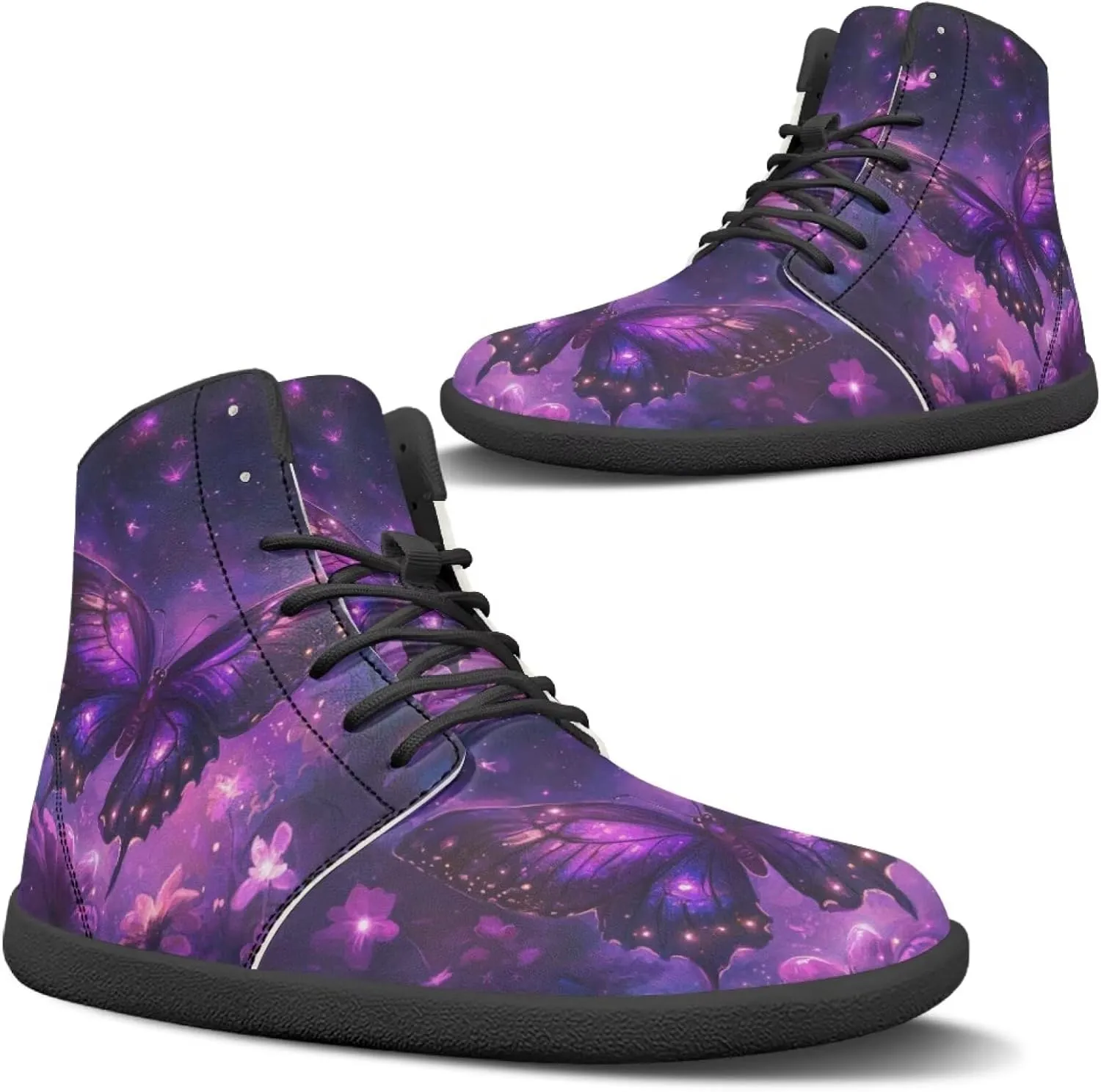 JoyLamoria Bling Bling Butterfly Print High Top Sneakers Lace up Leather Shoes Fashion High Top Flats Barefoot Wide Shoes Y2K for Girls