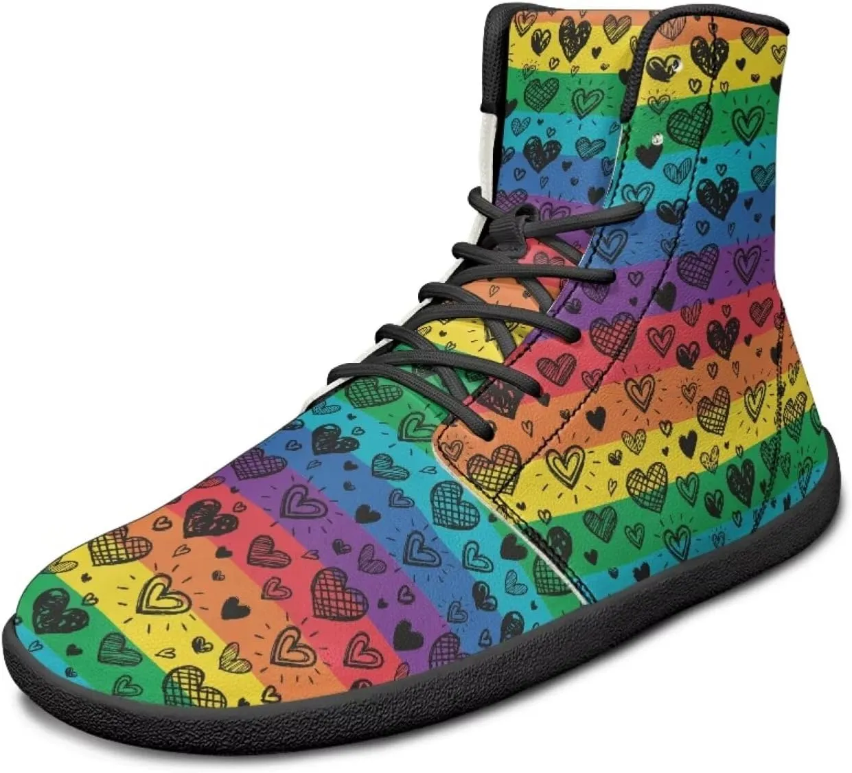 JoyLamoria Men Women High Top Barefoot Shoes Rainbow Pattern Pattern LGBT Fashion Sneakers Lace Up PU Leather Platform