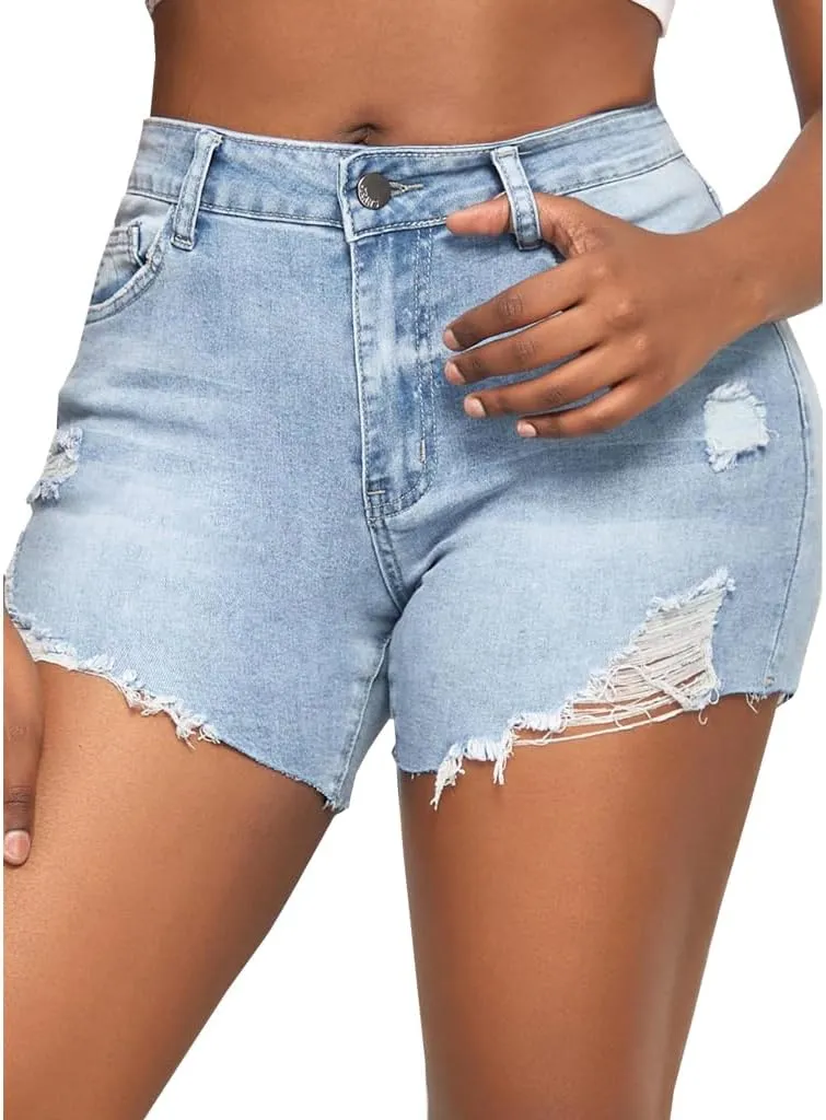 JTNFairy Women Casual High Waisted Denim Shorts Frayed Raw Hem Ripped Jeans Shorts