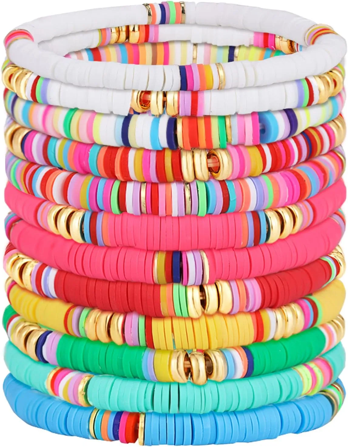 Junkin 12 Pieces Preppy Surfer Heishi Bracelets - Stackable Colorful Beaded Stretch Elastic Bohemia Jewelry - Summer Beach Gift for Women (Classic Style)