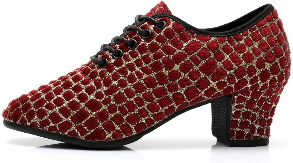 JUODVMP Women's Professional Lace-up Fabric Latin Salsa Tango Ballroom Practice Dance Shoes,Model MFFMM