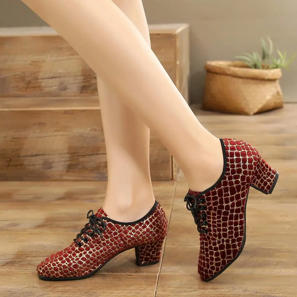 JUODVMP Women's Professional Lace-up Fabric Latin Salsa Tango Ballroom Practice Dance Shoes,Model MFFMM