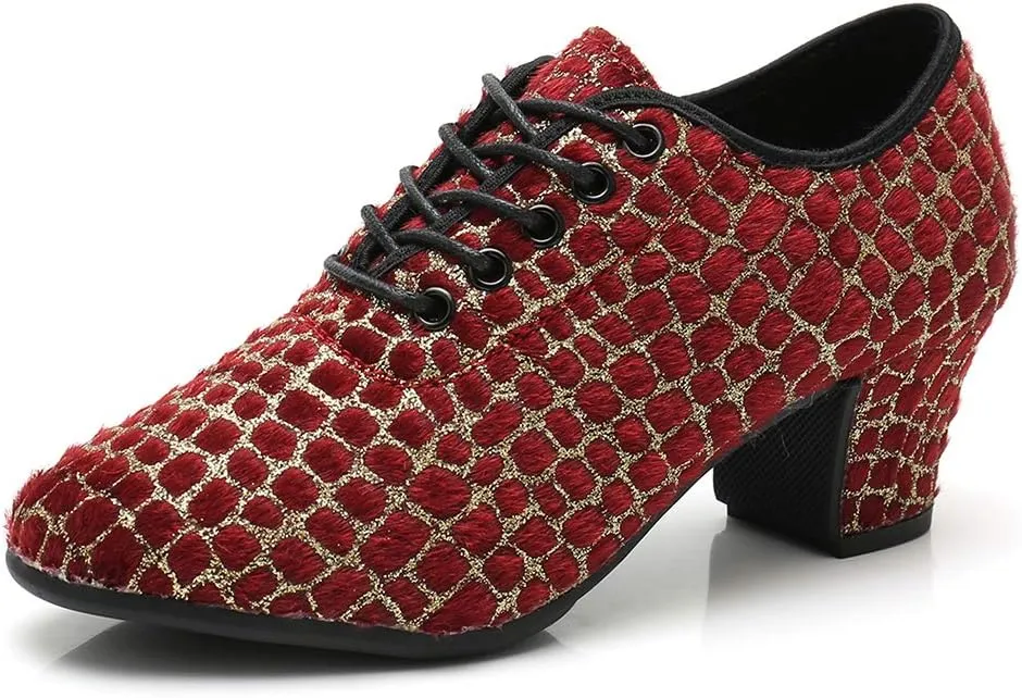 JUODVMP Women's Professional Lace-up Fabric Latin Salsa Tango Ballroom Practice Dance Shoes,Model MFFMM