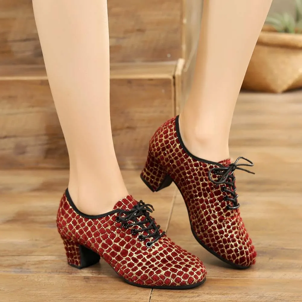 JUODVMP Women's Professional Lace-up Fabric Latin Salsa Tango Ballroom Practice Dance Shoes,Model MFFMM