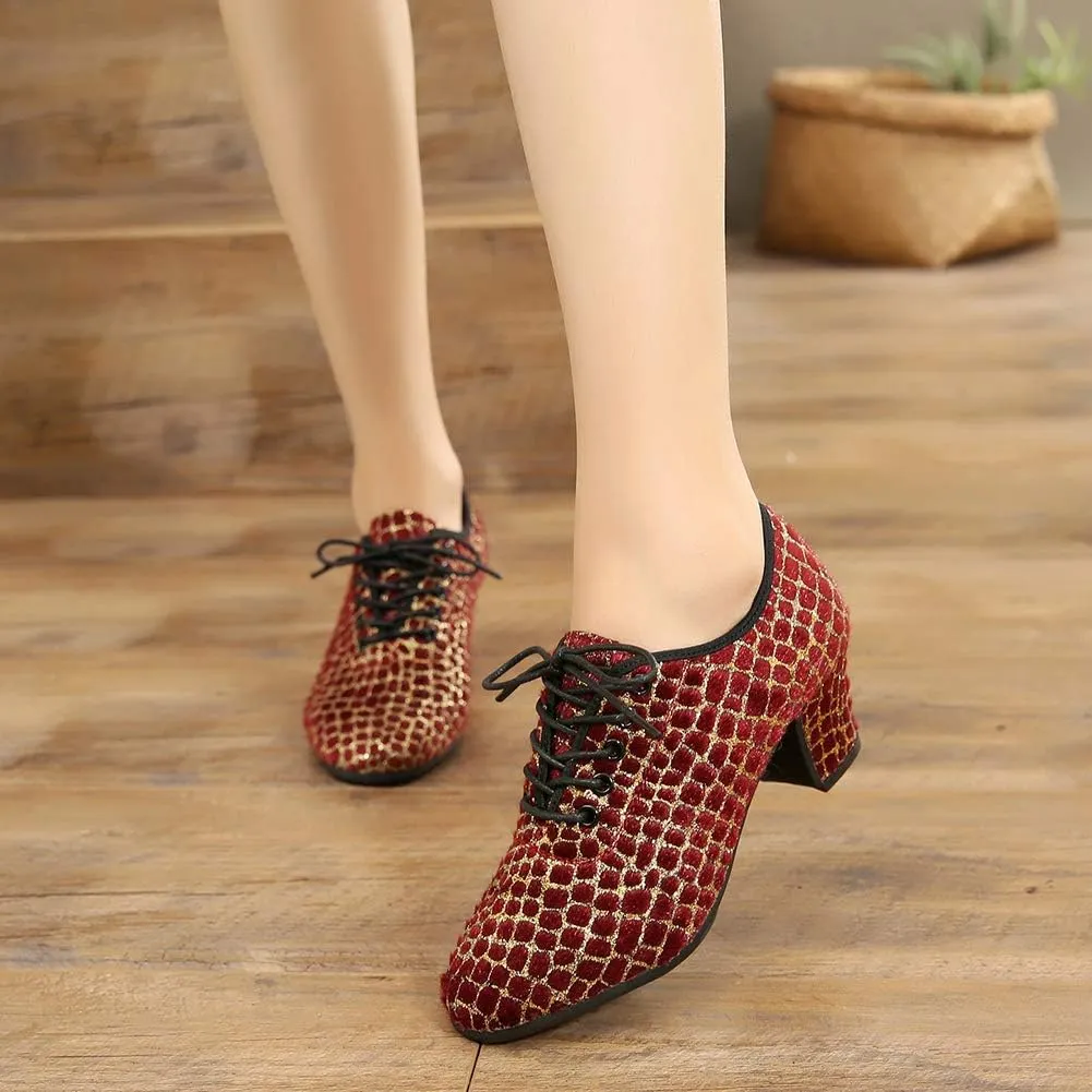 JUODVMP Women's Professional Lace-up Fabric Latin Salsa Tango Ballroom Practice Dance Shoes,Model MFFMM