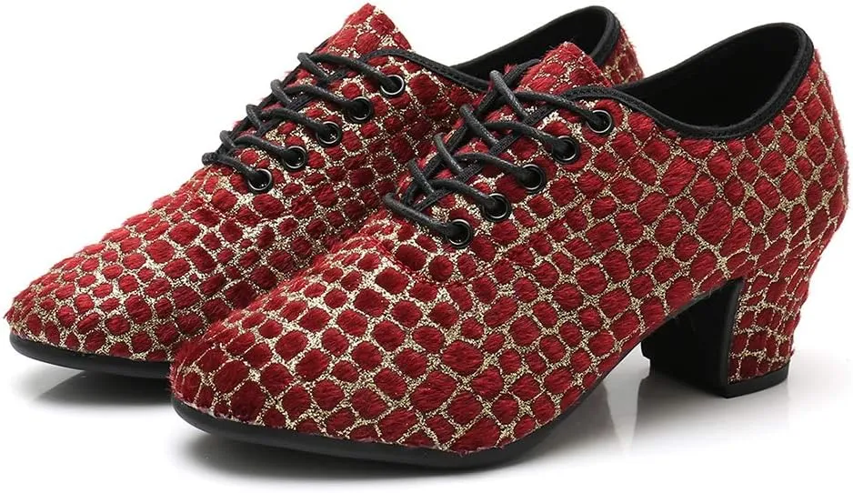 JUODVMP Women's Professional Lace-up Fabric Latin Salsa Tango Ballroom Practice Dance Shoes,Model MFFMM