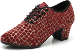 JUODVMP Women's Professional Lace-up Fabric Latin Salsa Tango Ballroom Practice Dance Shoes,Model MFFMM