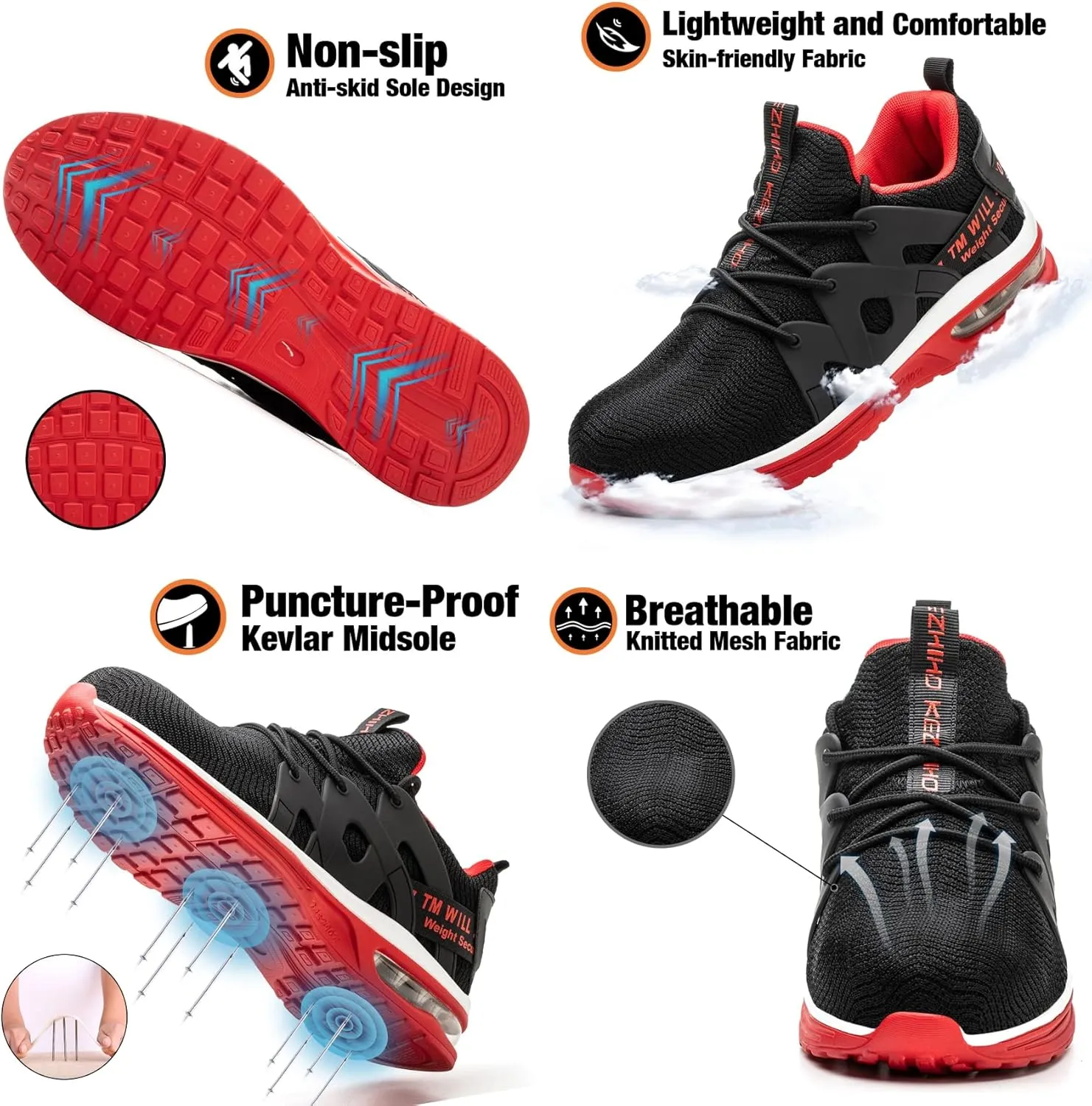 Kezhiho Steel Toe Shoes for Men Women Air Cushion Lightweight Work Shoes Comfortable Breathable Puncture Proof Slip Resistant Sneakers Indestructible Construction Industrial Safety Shoes