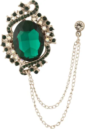 Knighthood Designer Silver Brooch with Emerald Stone Detailing & Hanging Chain for Men  Elegant Lapel Pin for Suits and Jackets Brooch for Valentine's Outfit