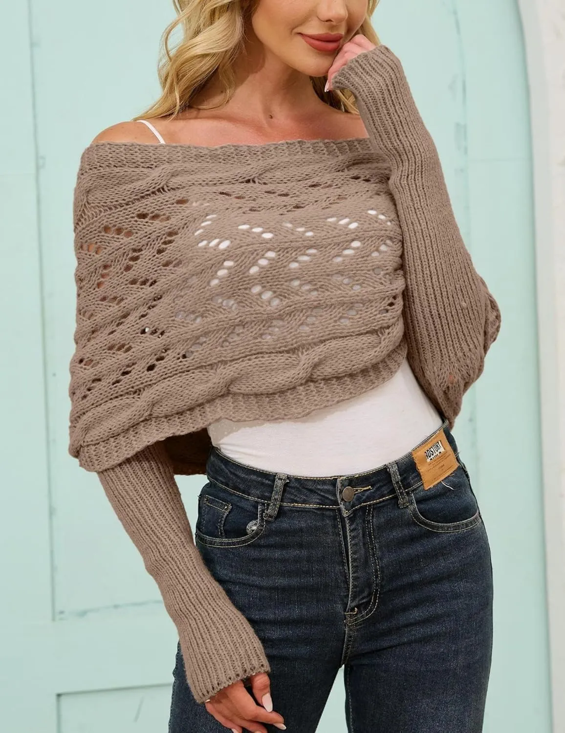 Knitted Cable Wrap, Scarf for Women, Hollow Out Crochet Cocoon Shrugs, 2024 Trendy Knit Sweater Scarf with Sleeves