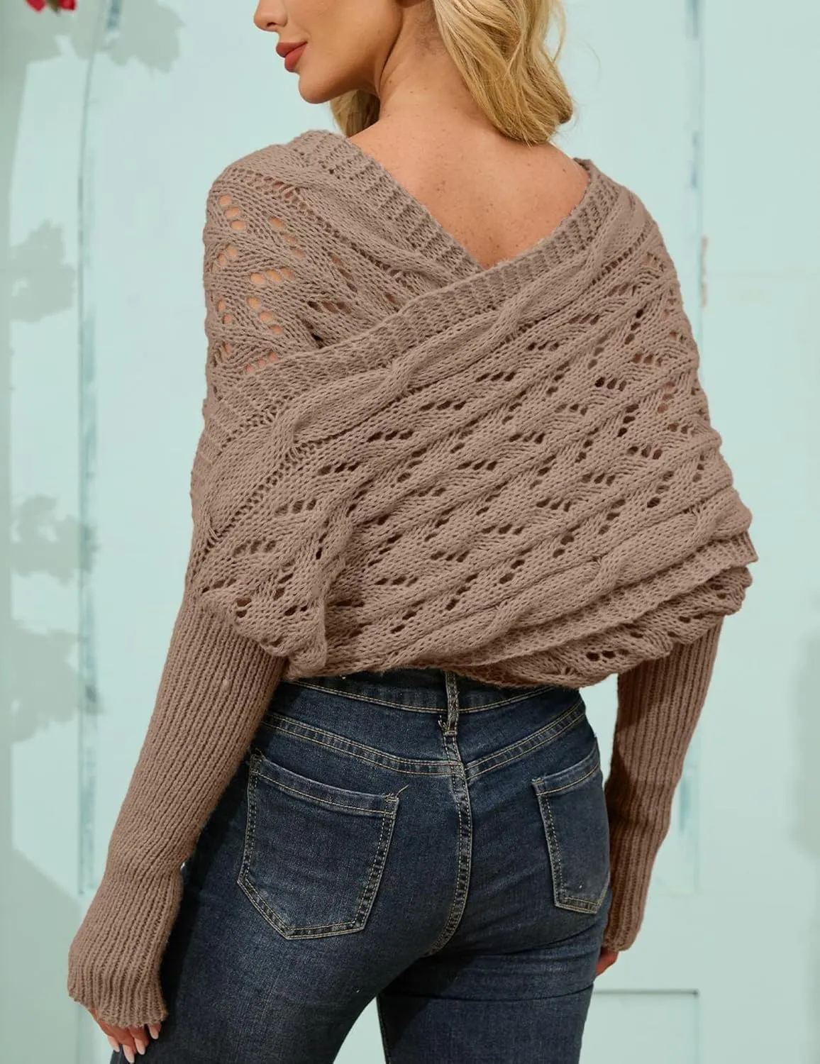 Knitted Cable Wrap, Scarf for Women, Hollow Out Crochet Cocoon Shrugs, 2024 Trendy Knit Sweater Scarf with Sleeves