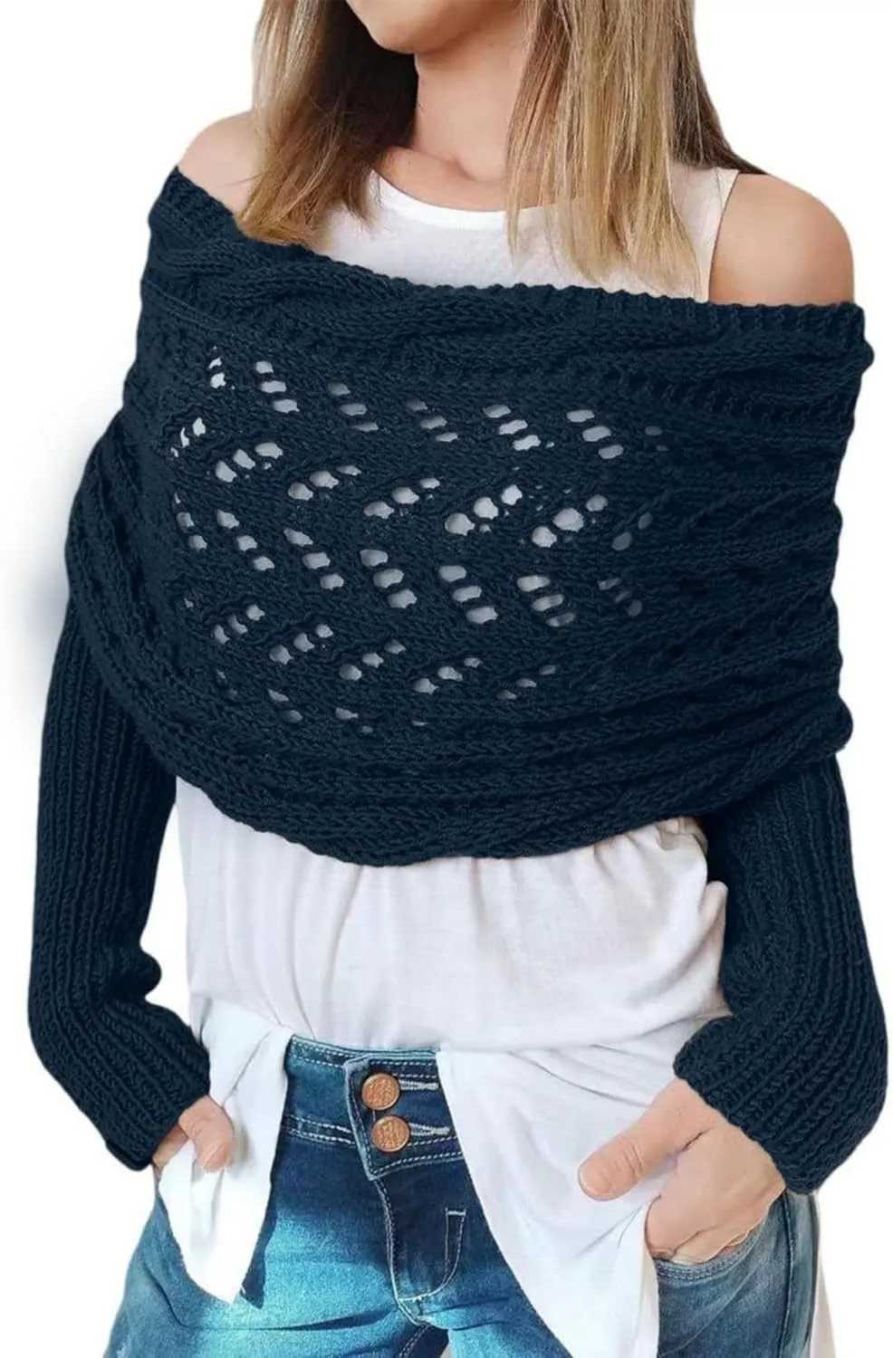 Knitted Cable Wrap, Scarf for Women, Hollow Out Crochet Cocoon Shrugs, 2024 Trendy Knit Sweater Scarf with Sleeves