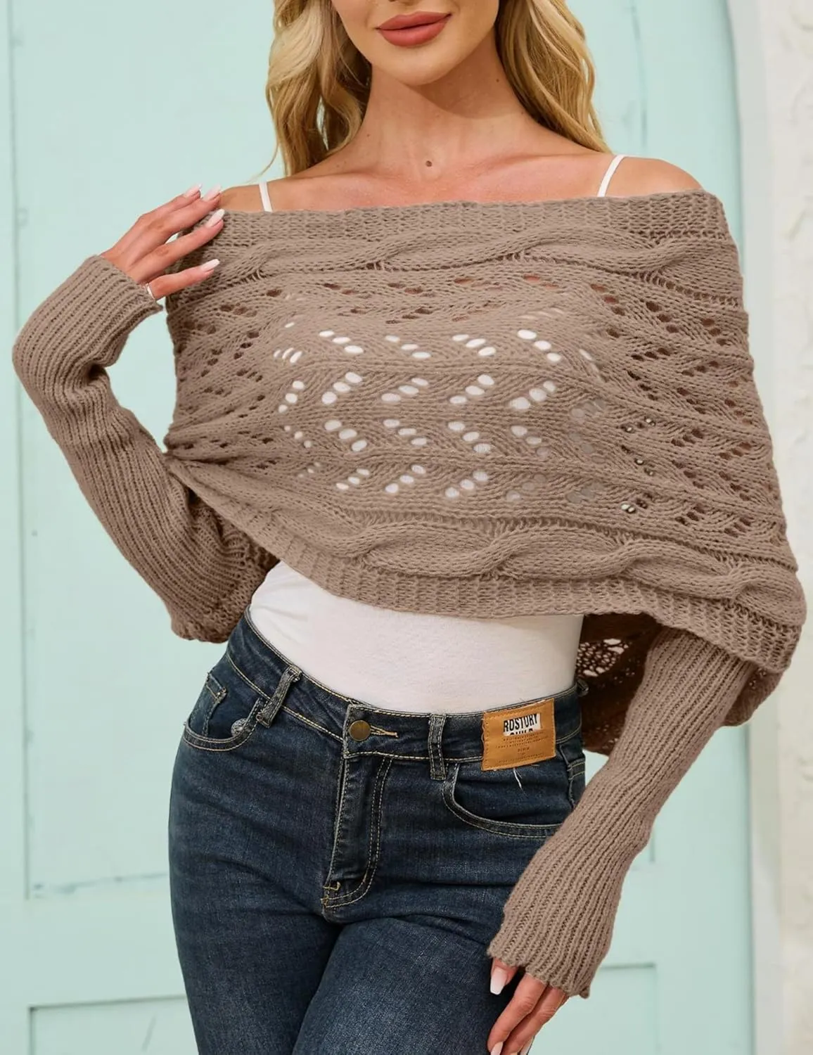 Knitted Cable Wrap, Scarf for Women, Hollow Out Crochet Cocoon Shrugs, 2024 Trendy Knit Sweater Scarf with Sleeves