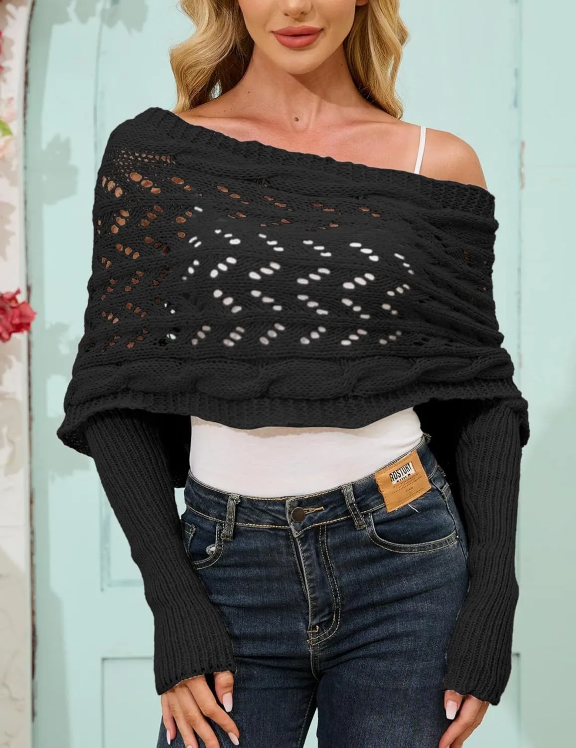 Knitted Cable Wrap, Scarf for Women, Hollow Out Crochet Cocoon Shrugs, 2024 Trendy Knit Sweater Scarf with Sleeves