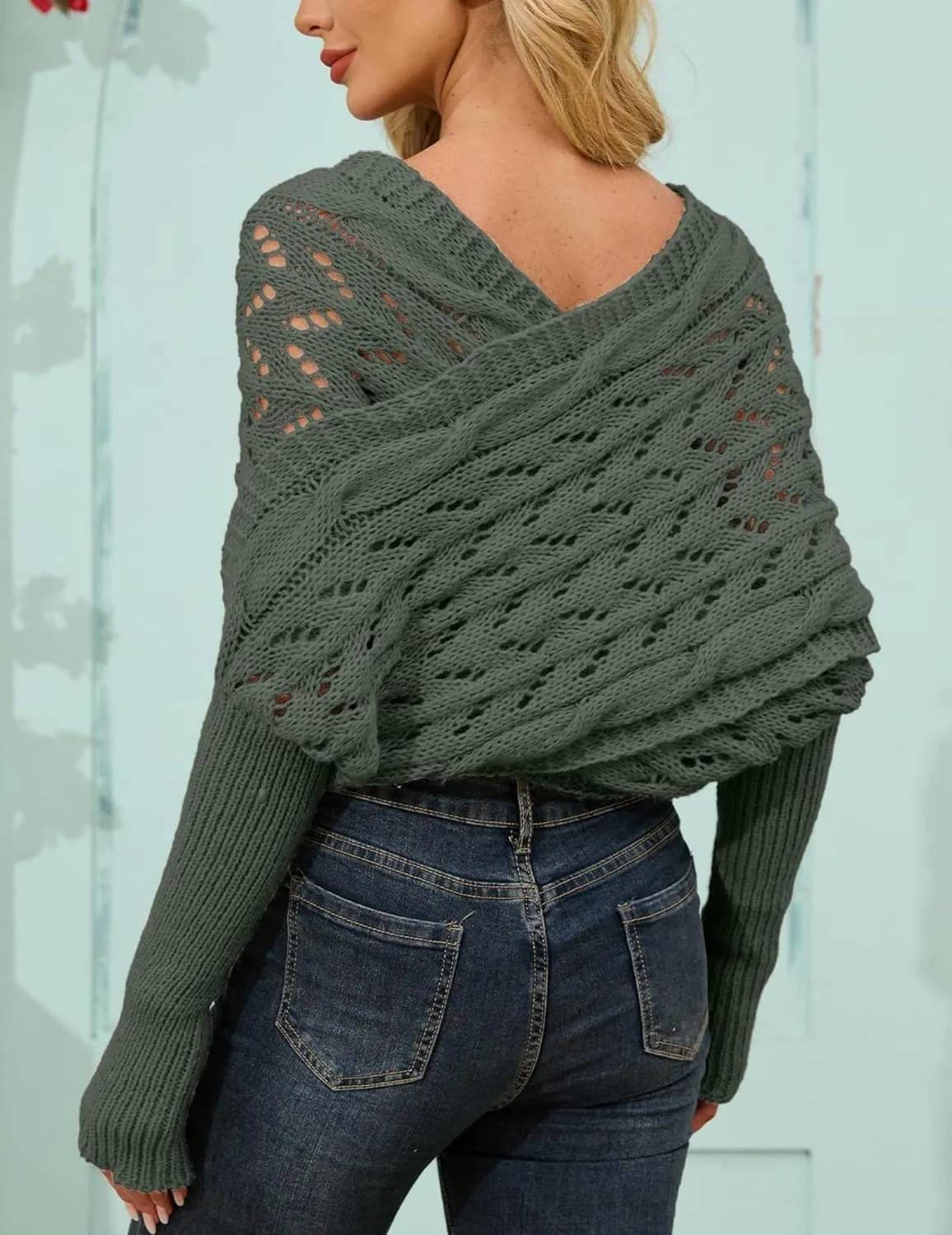 Knitted Cable Wrap, Scarf for Women, Hollow Out Crochet Cocoon Shrugs, 2024 Trendy Knit Sweater Scarf with Sleeves