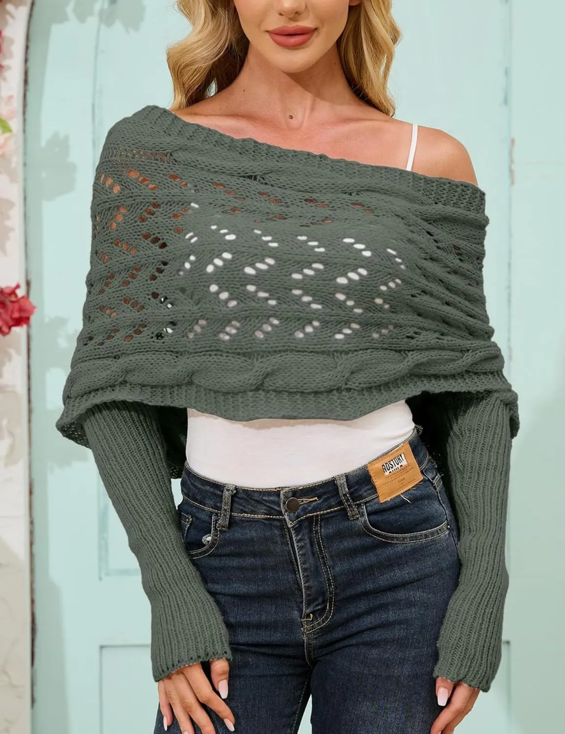 Knitted Cable Wrap, Scarf for Women, Hollow Out Crochet Cocoon Shrugs, 2024 Trendy Knit Sweater Scarf with Sleeves