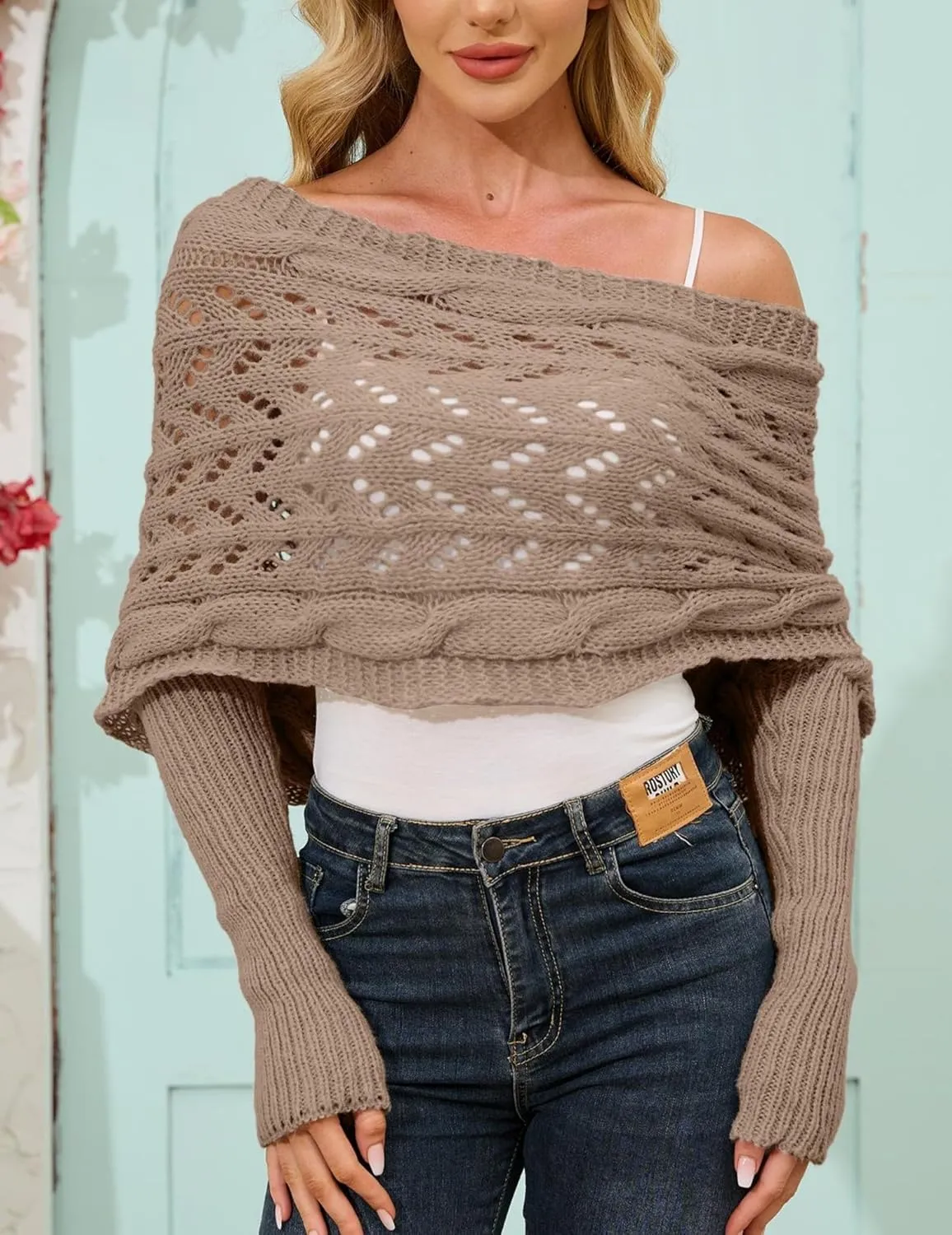 Knitted Cable Wrap, Scarf for Women, Hollow Out Crochet Cocoon Shrugs, 2024 Trendy Knit Sweater Scarf with Sleeves