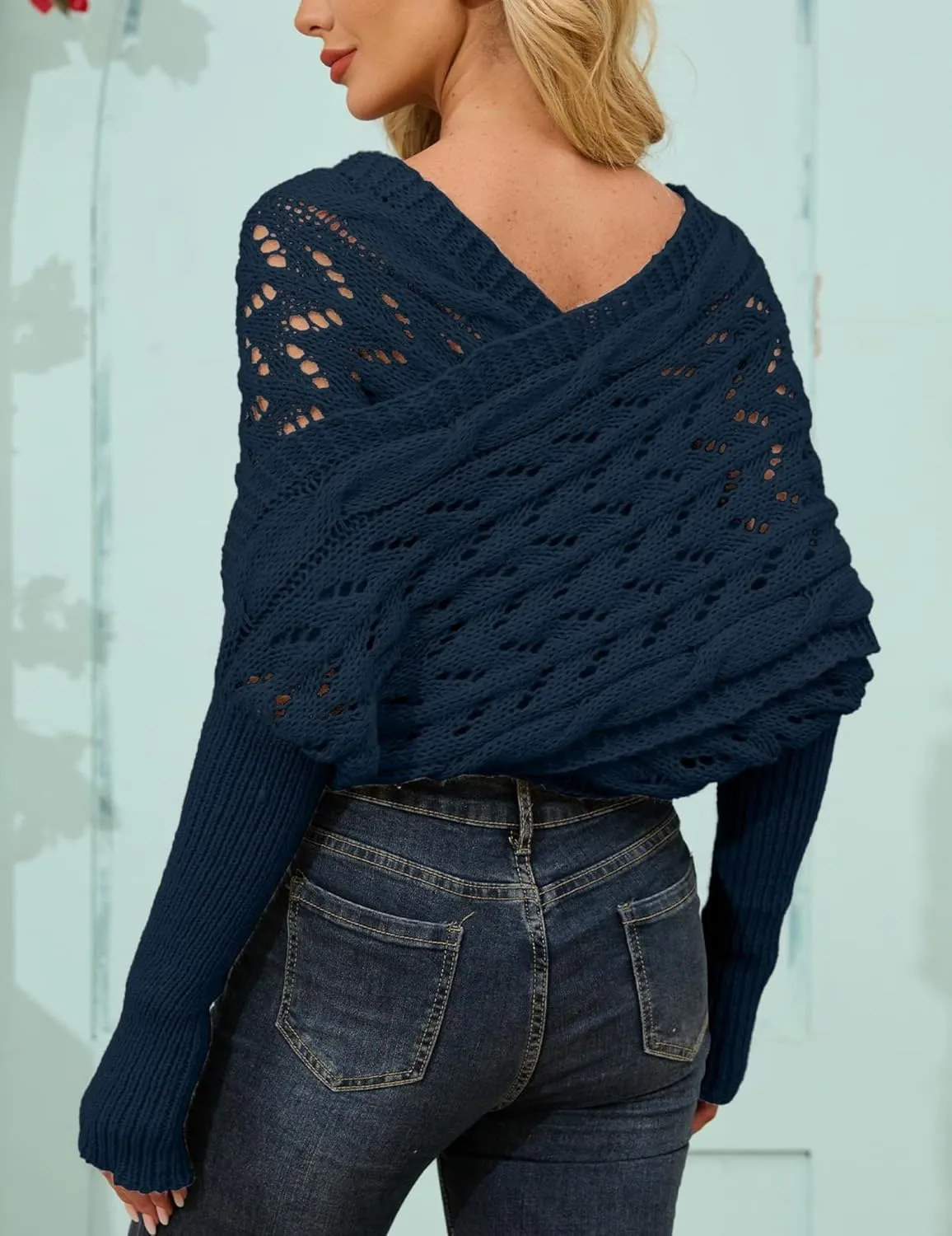 Knitted Cable Wrap, Scarf for Women, Hollow Out Crochet Cocoon Shrugs, 2024 Trendy Knit Sweater Scarf with Sleeves