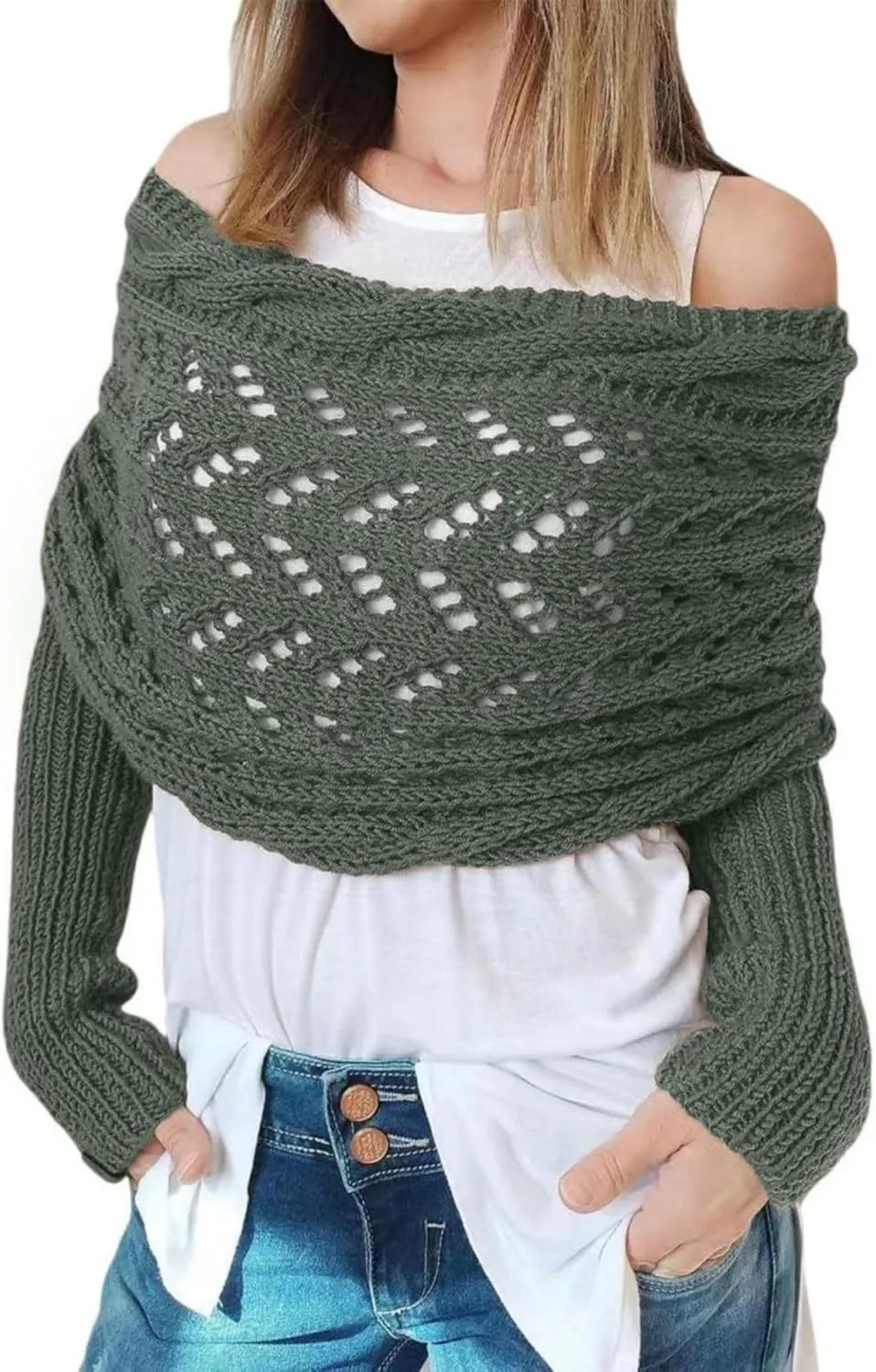 Knitted Cable Wrap, Scarf for Women, Hollow Out Crochet Cocoon Shrugs, 2024 Trendy Knit Sweater Scarf with Sleeves
