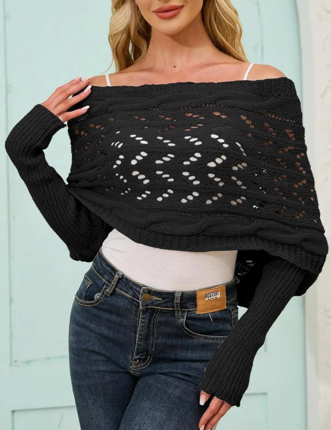 Knitted Cable Wrap, Scarf for Women, Hollow Out Crochet Cocoon Shrugs, 2024 Trendy Knit Sweater Scarf with Sleeves