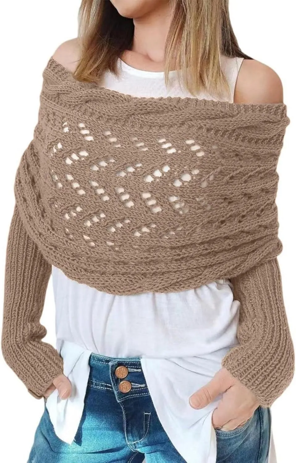 Knitted Cable Wrap, Scarf for Women, Hollow Out Crochet Cocoon Shrugs, 2024 Trendy Knit Sweater Scarf with Sleeves