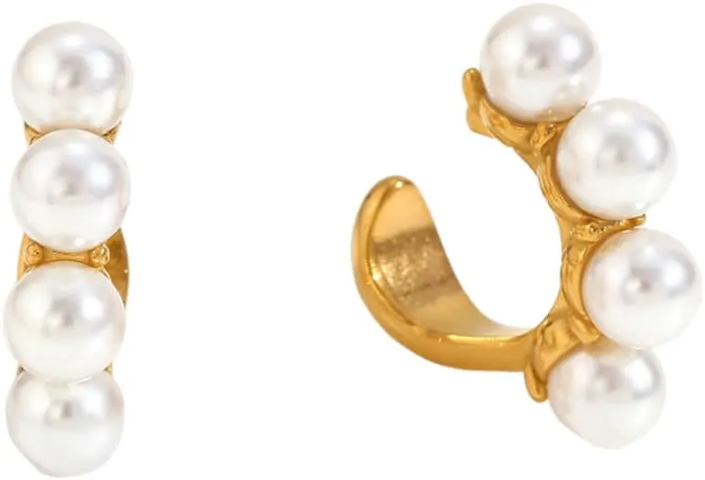 Kokoma Pearl Ear Cuffs Cartilage Earrings for Women Non Piercing Stainless Steel Wrap Clip on Earrings Hypoallergenic Fake Hoop Earrings Elegant Jewelry Gifts