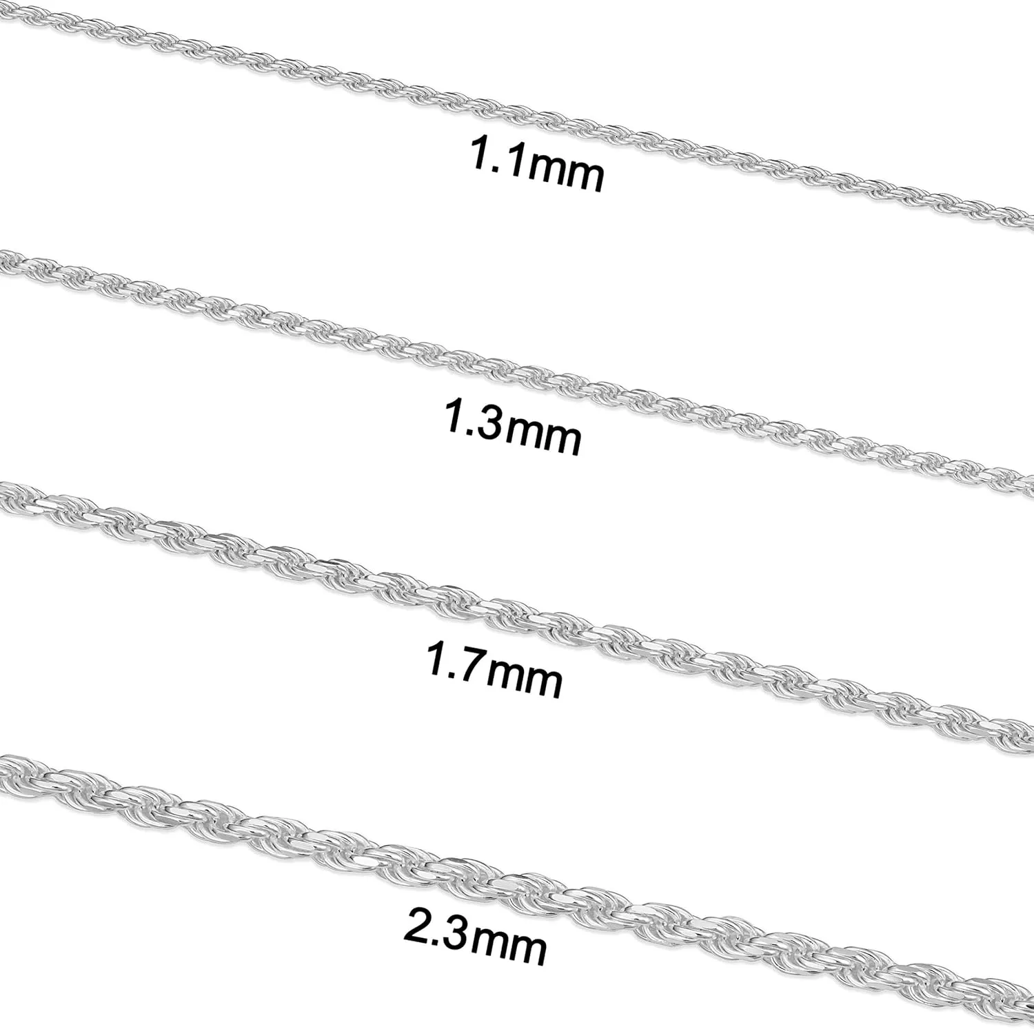Kooljewelry Sterling Silver Diamond-Cut Rope Chain Necklace Bracelet Anklet For Women and Men (1.1 mm, 1.3 mm, 1.7 mm or 2.3 mm)