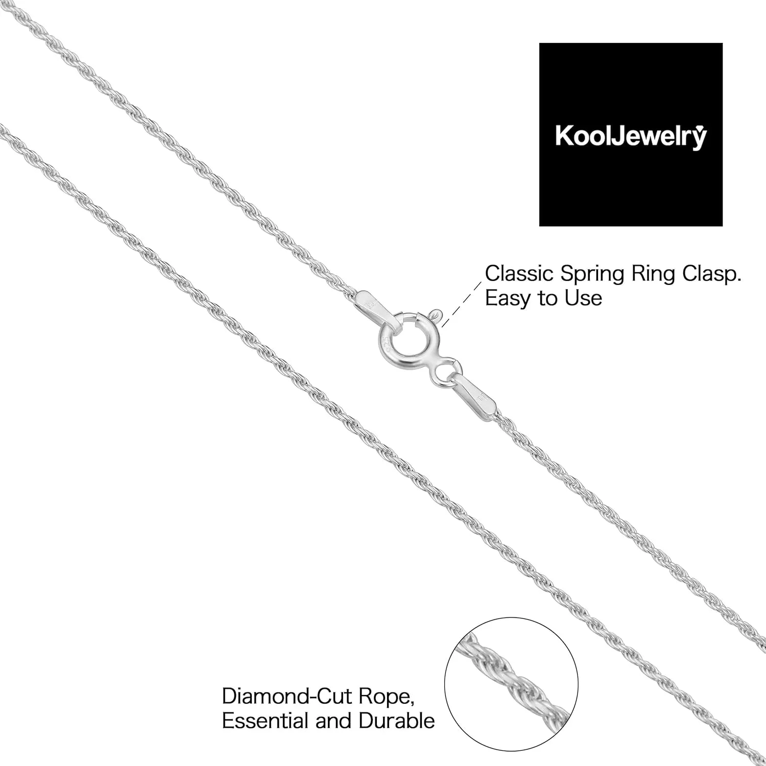 Kooljewelry Sterling Silver Diamond-Cut Rope Chain Necklace Bracelet Anklet For Women and Men (1.1 mm, 1.3 mm, 1.7 mm or 2.3 mm)