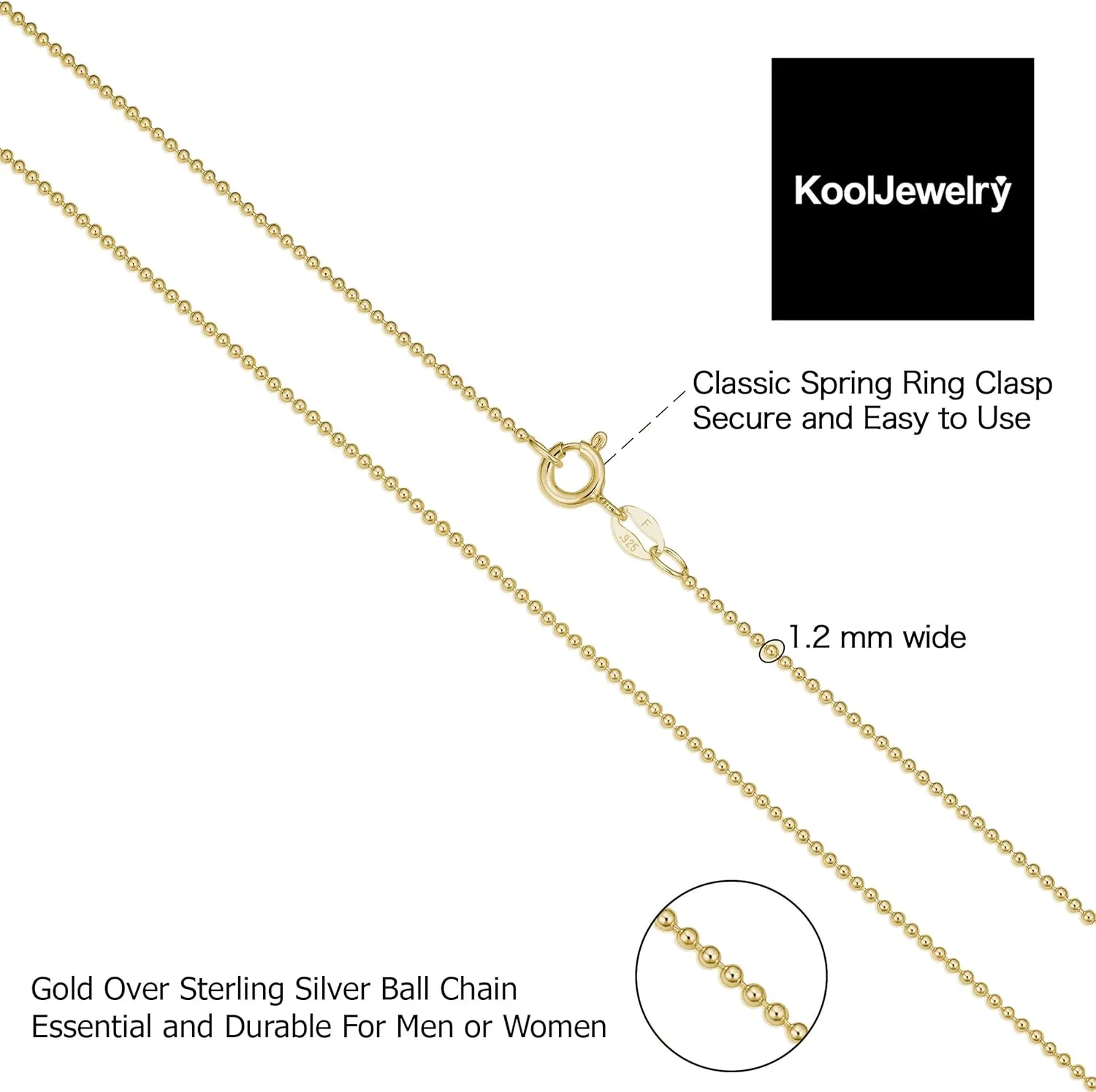 Kooljewelry Yellow Gold Plated Silver or Sterling Silver Bead Ball Chain Necklace For Women (1 mm, 1.2 mm, 1.5 mm or 1.8 mm - Sizes from 14 to 30 inches long)
